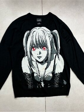 Black Anime Graphic Knit Sweater with Red Accent Eyes